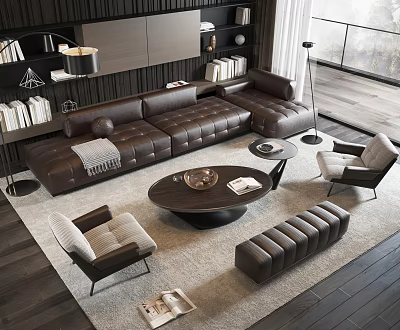 Modern Brown Leather Sectional Sofa With Round Wooden Coffee Table And Accent Chairs On Area Rug 3d model