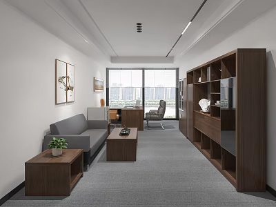 Modern Office Interior With Open Layout Sofa Desk Bookshelf And Floor to Ceiling Windows 3d model