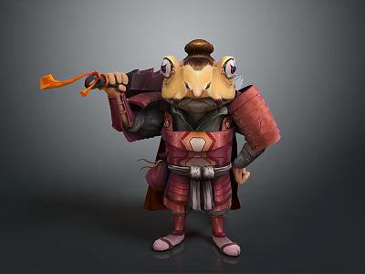 Cartoon Reptile Warrior Character in Samurai Armor Holding Weapon and Red Cloak 3d model