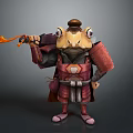 Cartoon Reptile Warrior Character in Samurai Armor Holding Weapon and Red Cloak