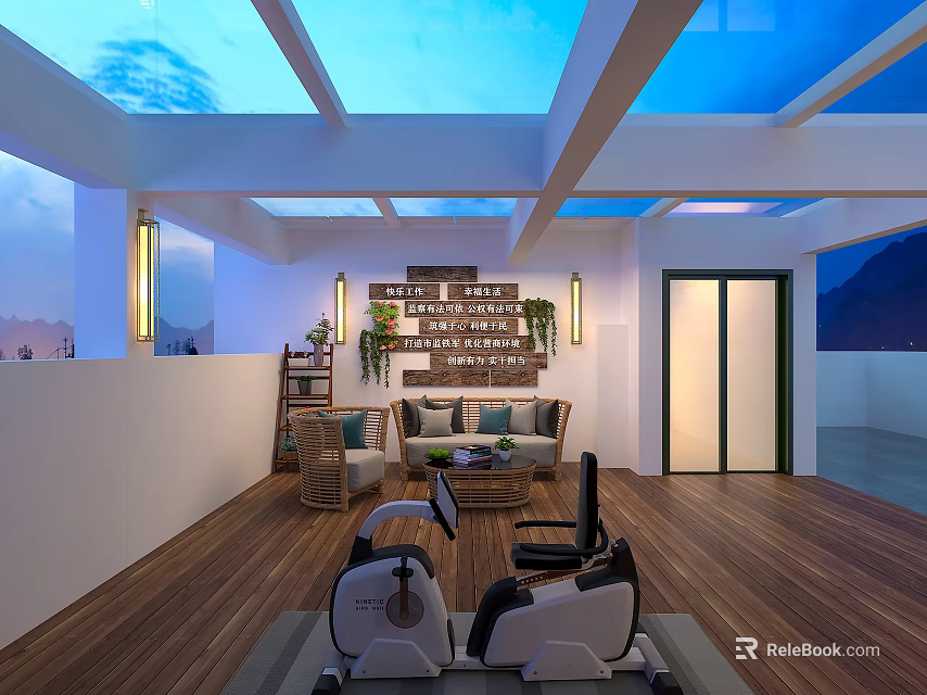 Cozy Leisure Area with Skylights Wooden Flooring Comfy Sofa Exercise Equipment Plants and Mountain View 3d model 