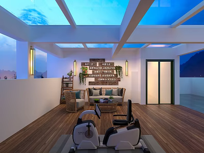 Cozy Leisure Area with Skylights Wooden Flooring Comfy Sofa Exercise Equipment Plants and Mountain View 3d model