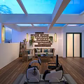 Cozy Leisure Area with Skylights Wooden Flooring Comfy Sofa Exercise Equipment Plants and Mountain View
