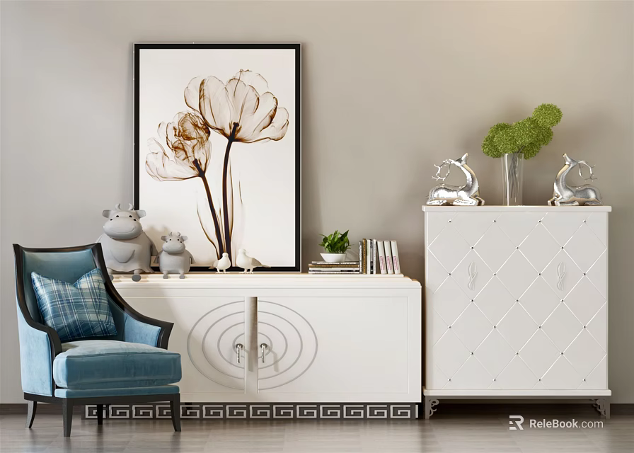Stylish Entryway Cabinet And Sideboard With Floral Decorative Painting Green Plants And Chair 3d model 