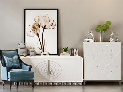 Stylish Entryway Cabinet And Sideboard With Floral Decorative Painting Green Plants And Chair 3d model