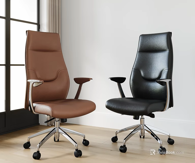 Brown And Black Leather Office Chairs With High Back Metal Base And Wheels 3d model 