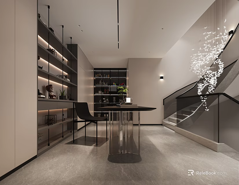Modern Minimalist Study Room With Bookcases And Table 3d model 