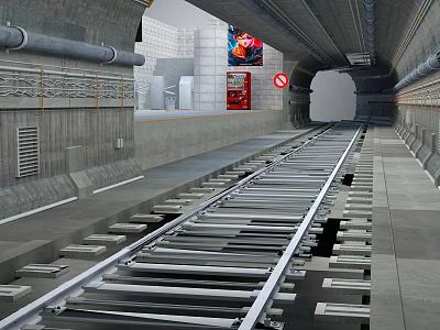 Subway Tunnel Interior With Railway Track Platform Concrete Walls Billboard And No Entry Sign 3d model