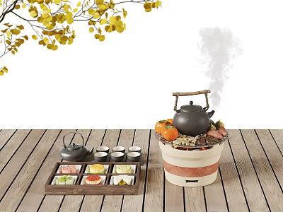 Traditional Tea Set With Steaming Teapot Small Teacups Square Snacks On Wooden Tray Ginkgo Leaves 3d model