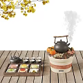 Traditional Tea Set With Steaming Teapot Small Teacups Square Snacks On Wooden Tray Ginkgo Leaves
