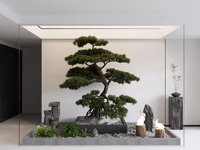 Zen Indoor Bonsai Garden With Large Pine Tree Stones Plants And Lanterns 3d model