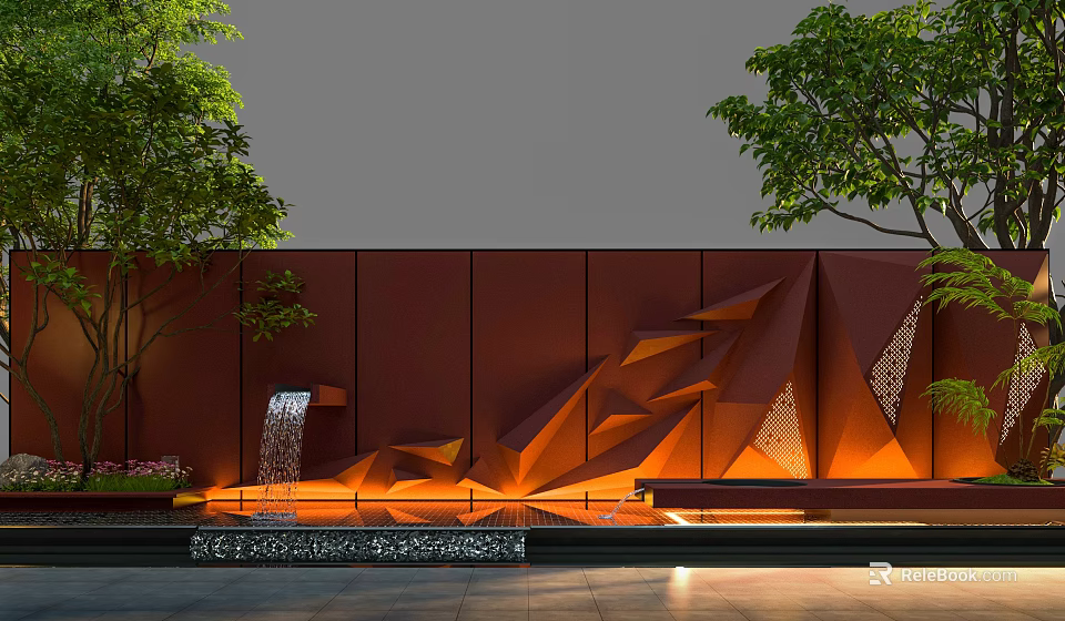 Modern Geometric Orange Landscape Wall with Waterfall Trees and Lighting 3d model 