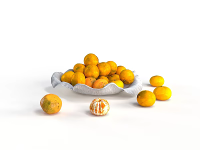 White Bowl Filled with Fresh Mandarin Oranges Scattered and Peeled on White Background 3d model
