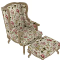 Leisure Sofa Set With Armchair And Ottoman Featuring Floral Fabric And Wooden Frame