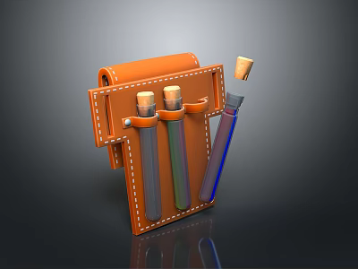 Orange Leather Pen Case With Stitched Design And Three Different Colored Pens Including Wooden Cap 3d model