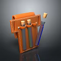Orange Leather Pen Case With Stitched Design And Three Different Colored Pens Including Wooden Cap