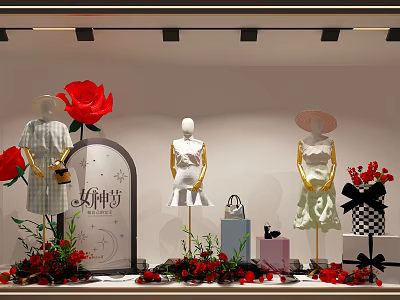 Store Window Display With Mannequins Large Red Roses Dresses Hats Handbags And Decorative Flowers 3d model
