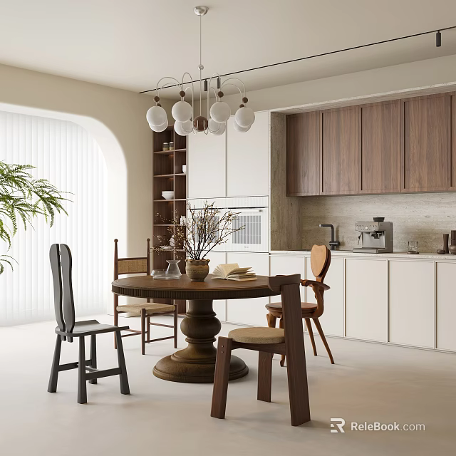 Round Wooden Dining Table with Chairs Hanging Pendant Lights and Green Plants in Modern Kitchen 3d model 