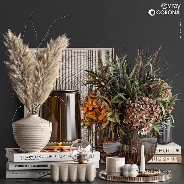 Natural Style Ornamental Decor Collection With Pampas Grass Dried Flowers Vases Books And Candles 3d model 