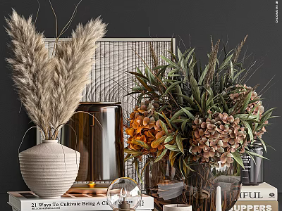 Natural Style Ornamental Decor Collection With Pampas Grass Dried Flowers Vases Books And Candles 3d model