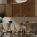 Modern Open Dining Living Room Interior With Wooden Beams Pendant Lights And Island Counter