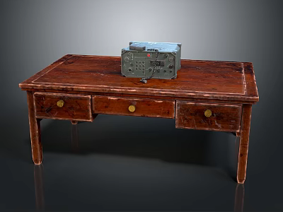Vintage Wooden Table With Three Drawers And Old Radio On Top Surface 3d model