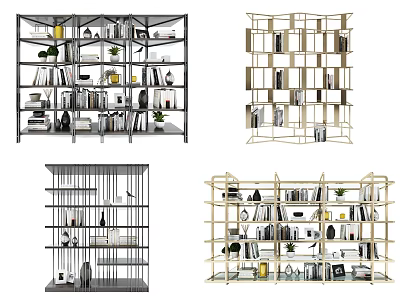 Stylish Modern Bookshelves With Open Shelves Books Decorative Items And Plants 3d model