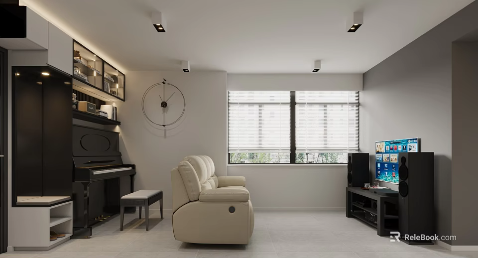 Modern Living Room Interior With Beige Sofa Black Piano TV Stand And Window Blinds 3d model 
