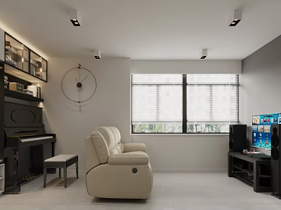 Modern Living Room Interior With Beige Sofa Black Piano TV Stand And Window Blinds 3d model