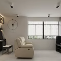 Modern Living Room Interior With Beige Sofa Black Piano TV Stand And Window Blinds