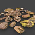 Wood and Stone Natural Materials Featuring Moss Covered Surfaces and Various Shapes