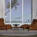Two Orange Leather Single Sofas In Living Room With Large Windows Sea View Palm Tree 3d model