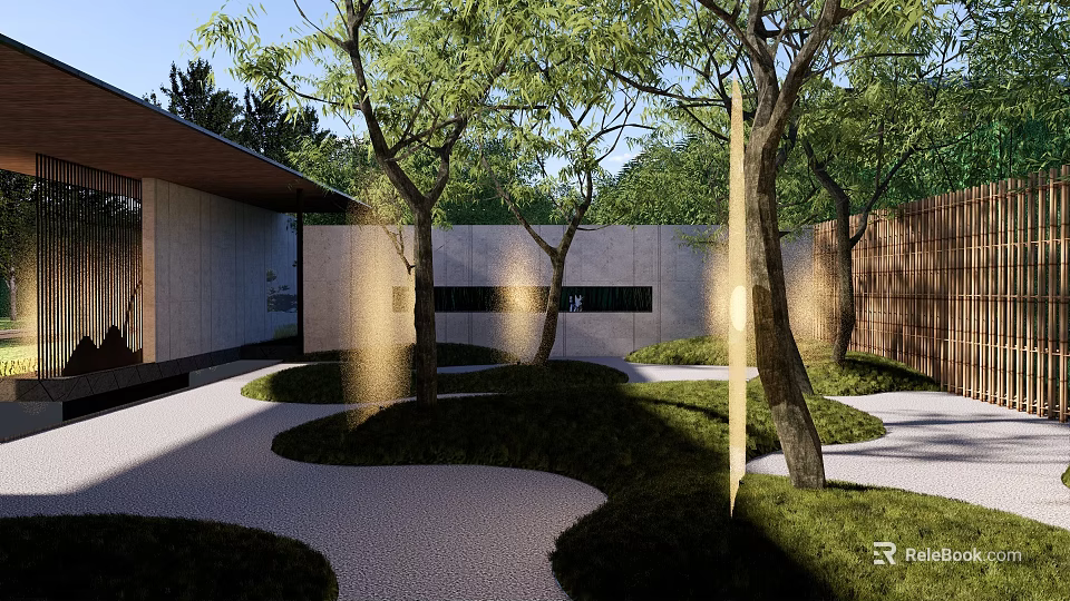 Modern Garden Landscape With Winding Path Trees Lush Greenery And Soft Lighting 3d model