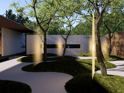 Modern Garden Landscape With Winding Path Trees Lush Greenery And Soft Lighting 3d model