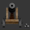 Vintage Cannon with Wooden Carriage Metal Barrel Wheels and Cannonballs on Reflective Surface