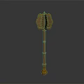 Golden Decorative Mace Weapon With Intricate Top Design And Long Bamboo Like Handle