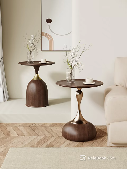 Modern Walnut Side Tables With Gold Base Vases And Cups By Beige Sofa 3d model