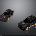 Shiny Black Sports Car Models With Gold Accents And Star Patterns