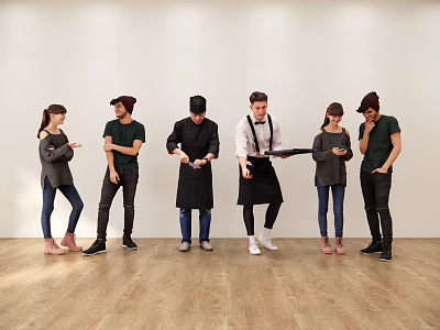 Group of People Standing Against White Wall On Wooden Floor With Chefs And Tablet Users 3d model