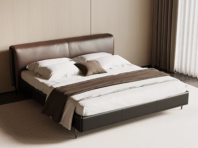 Modern Double Bed With Dark Brown Leather Headboard White Bedsheets And Blanket 3d model