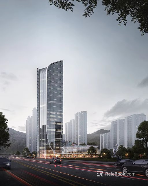 Modern High Rise Office Building With Glass Facade Surrounded By Urban Buildings And Trees 3d model 