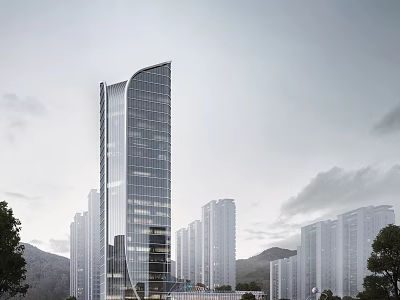Modern High Rise Office Building With Glass Facade Surrounded By Urban Buildings And Trees 3d model