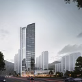 Modern High Rise Office Building With Glass Facade Surrounded By Urban Buildings And Trees