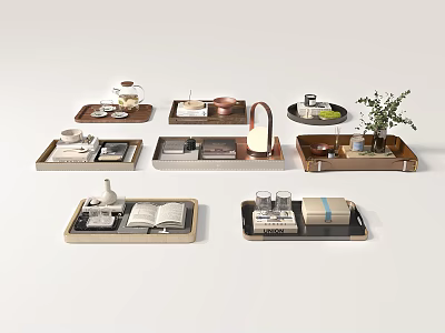 Stylish Decorative Trays With Household Items Including Tea Sets Books And Plants 3d model