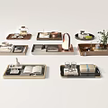 Stylish Decorative Trays With Household Items Including Tea Sets Books And Plants