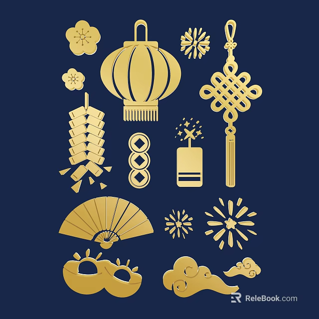 Golden Chinese Traditional Decorative Elements With Lantern Knots Firecrackers And Fan On Dark Blue Background 3d model 