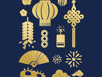 Golden Chinese Traditional Decorative Elements With Lantern Knots Firecrackers And Fan On Dark Blue Background 3d model