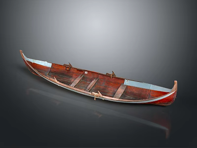 Traditional Wooden Water Transportation Boat With Red Hull Seats And Rowing Structure 3d model