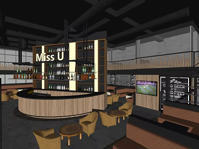Stylish Bar Interior Design With Round Wooden Counter Bottle Shelves And TV Screen 3d model