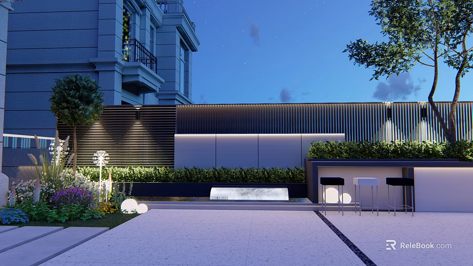 Modern Courtyard Garden Design With Greenery Wall Outdoor Lighting And Seating Area 3d model 